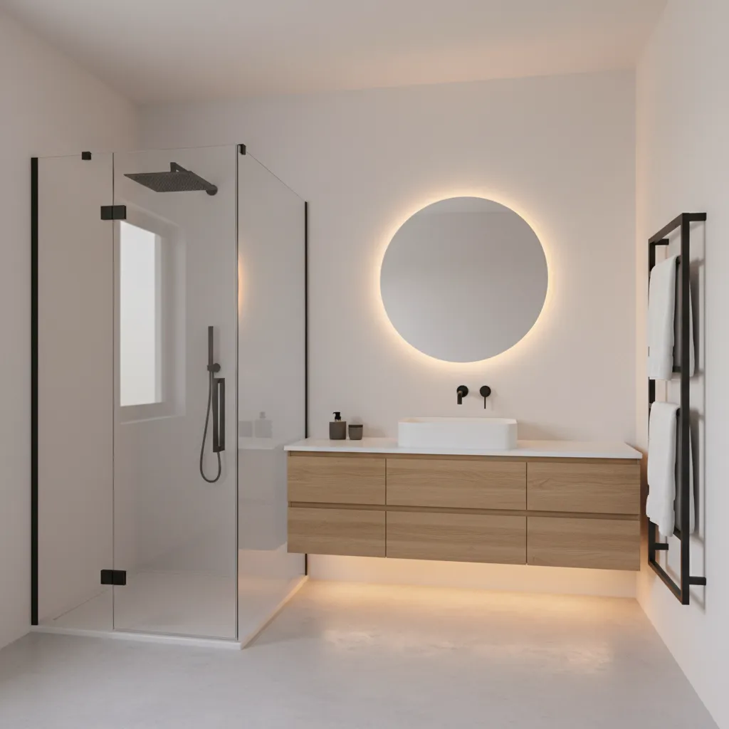 A sleek Bloxburg minimalist bathroom layout featuring a glass shower and floating oak vanity.