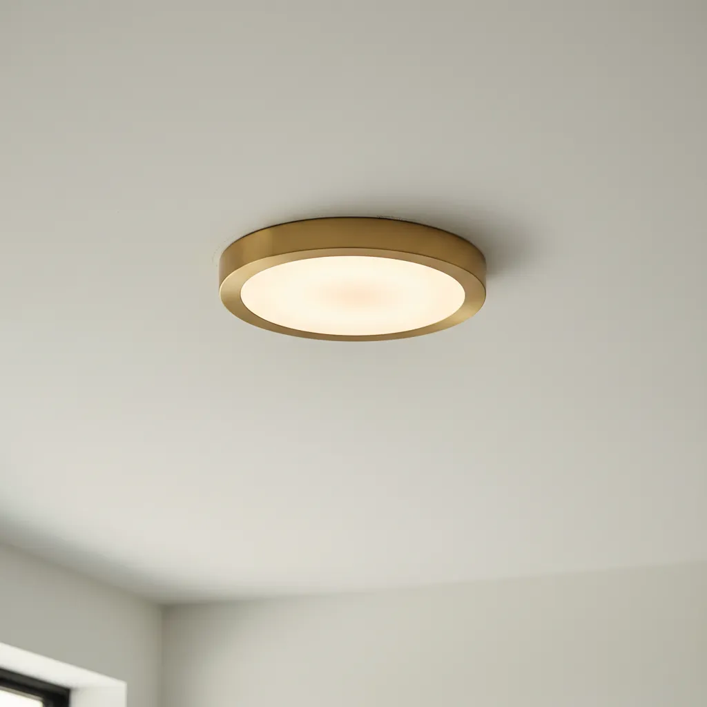 Modern Brass Ceiling Light Flush Mount A sleek modern brass ceiling light fixture installed perfectly flush against a smooth white drywall ceiling