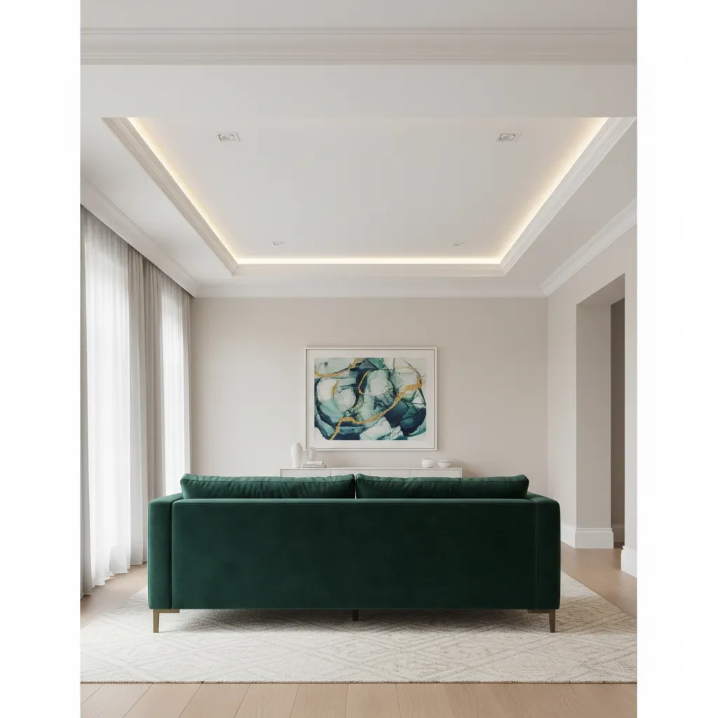 Modern Drop Ceiling Crown Molding A sleek modern drop ceiling covering textured popcorn with seamless crown molding and warm recessed lighting