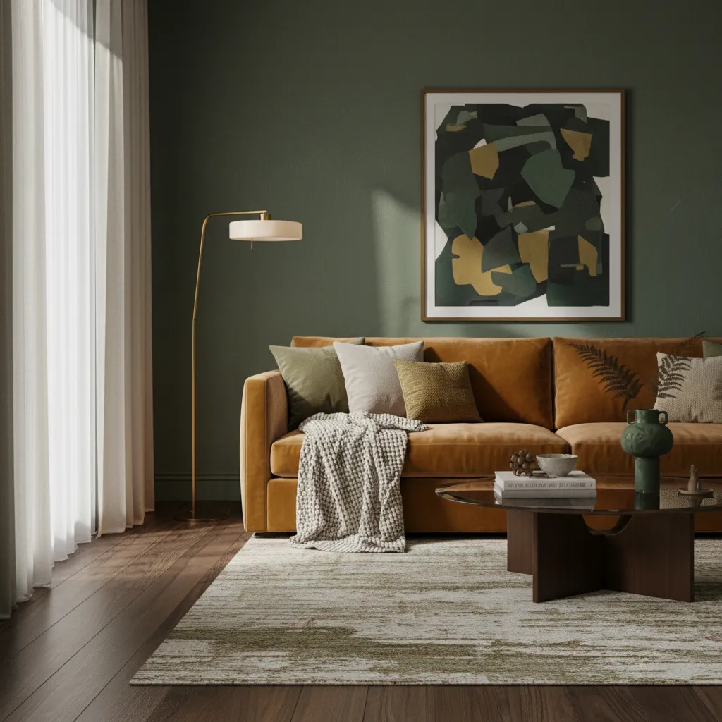 A moody living room with deep green walls and an ochre velvet sofa.