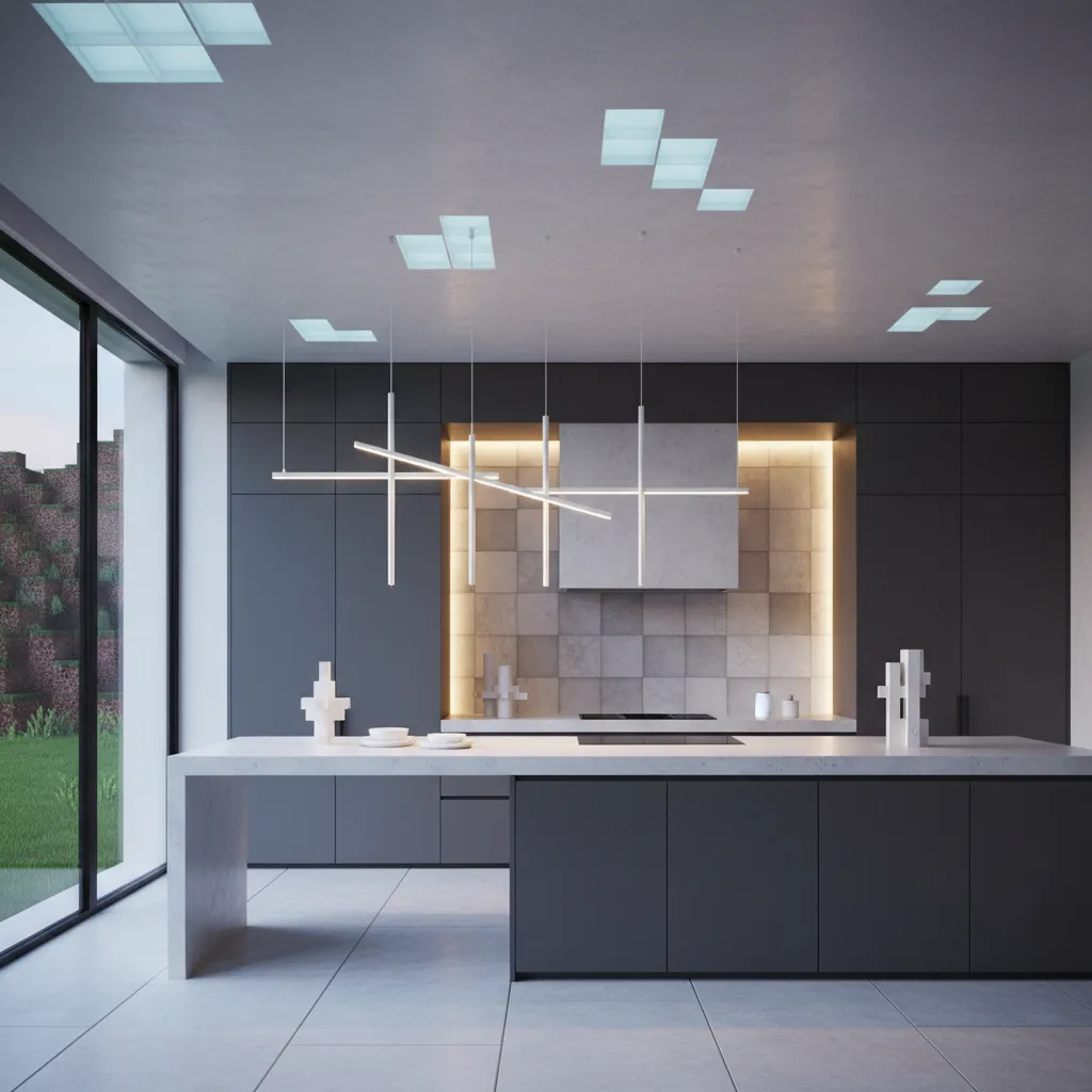 Sleek modern kitchen featuring glowing recessed lights and linear white pendants