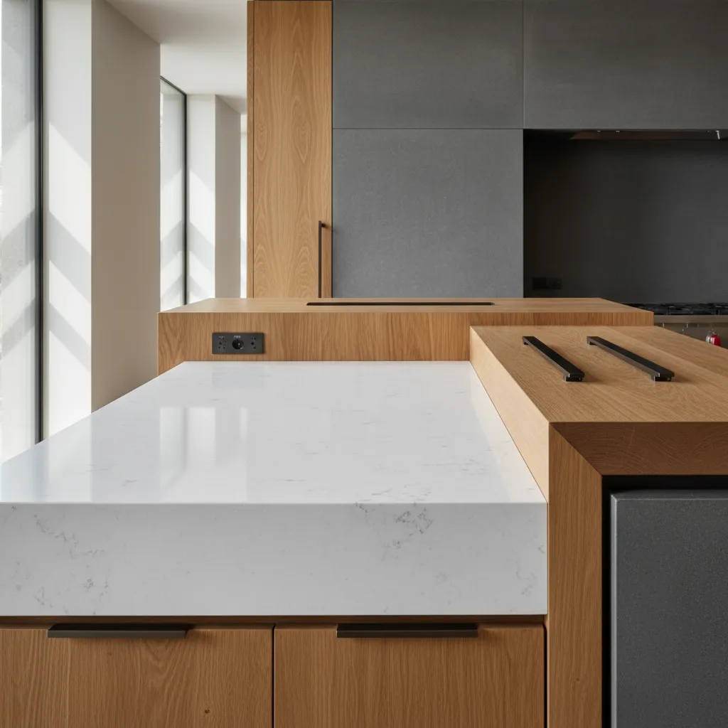 Close up of white quartz and matte gray stone materials for a kitchen island
