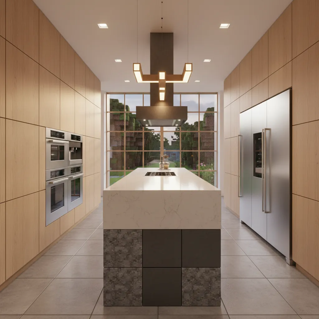 A sophisticated modern Minecraft kitchen interior featuring a white quartz island and a functional redstone smart fridge.