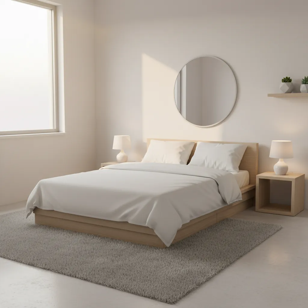 Modern Minimalist Sims 4 Bedroom Bright minimalist bedroom design featuring light oak furniture and white linens