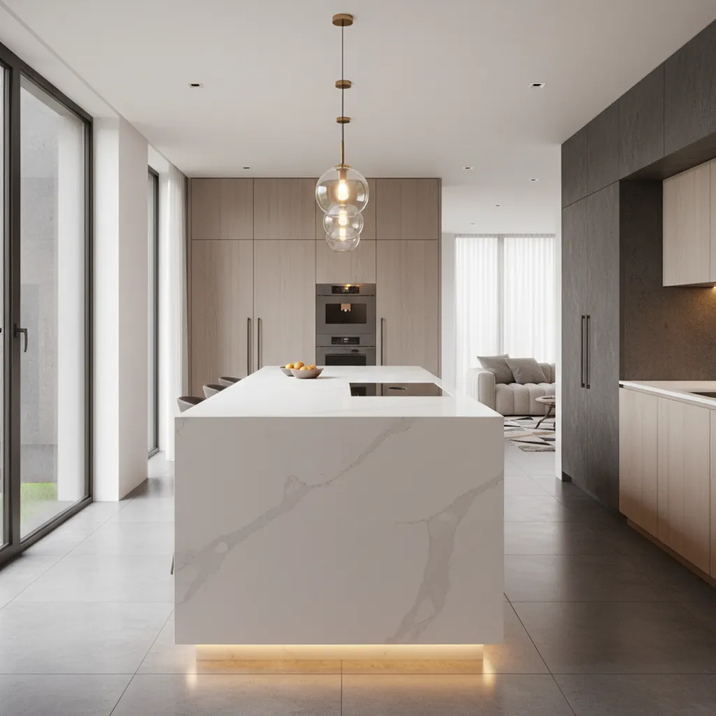 Sleek white quartz and smooth stone modern kitchen island with warm lighting