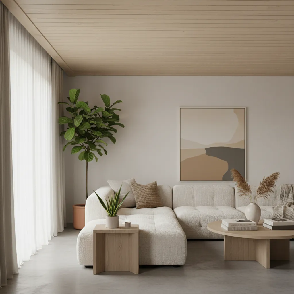 A beautiful white shiplap ceiling installed over a popcorn texture in a modern living room.