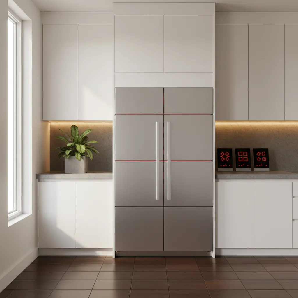 A modern minimalist kitchen featuring a seamless double-door refrigerator built into white quartz cabinets