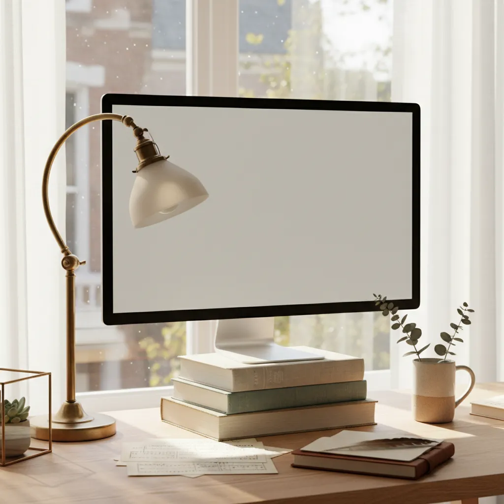 Monitor Stacked On Vintage Books Light academia desk setup with a computer monitor resting on a stack of vintage books next to a brass lamp