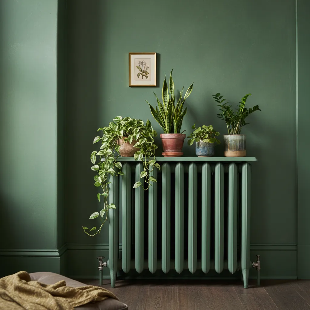 Close up of a cast iron radiator painted sage green to blend seamlessly into the wall behind it
