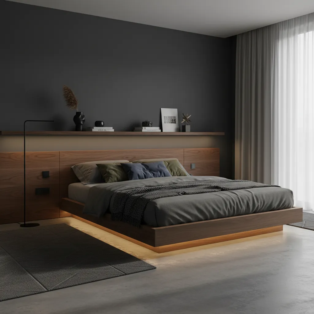 Moody Contemporary Sims 4 Bedroom Design Dark and moody contemporary bedroom with a floating wood bed and sleek ambient lighting