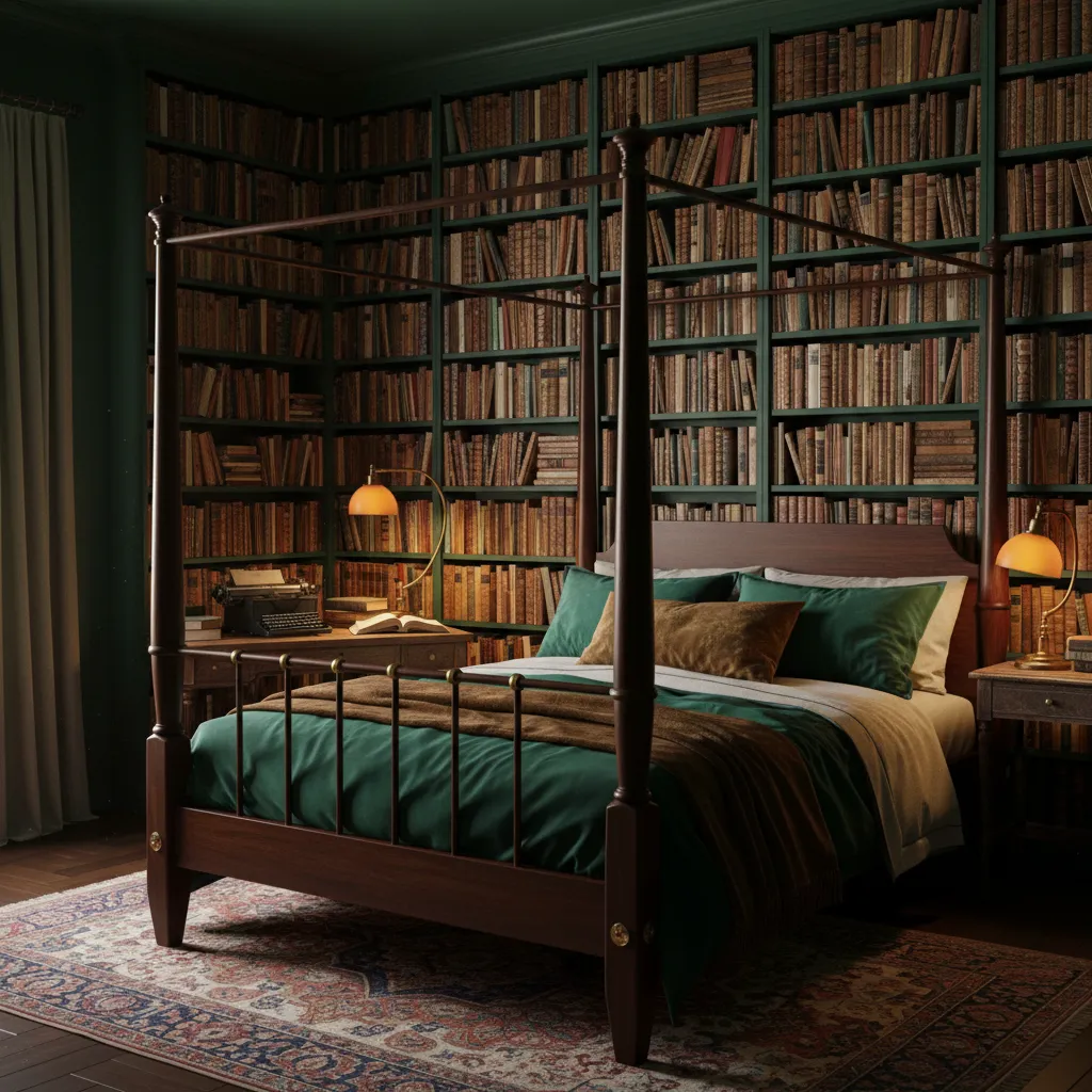 A scholarly dark academia bedroom featuring forest green walls, a large book wall, and dark wood furniture with brass hardware.
