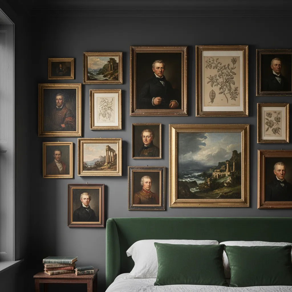 Curated dark academia gallery wall with classical art in vintage frames