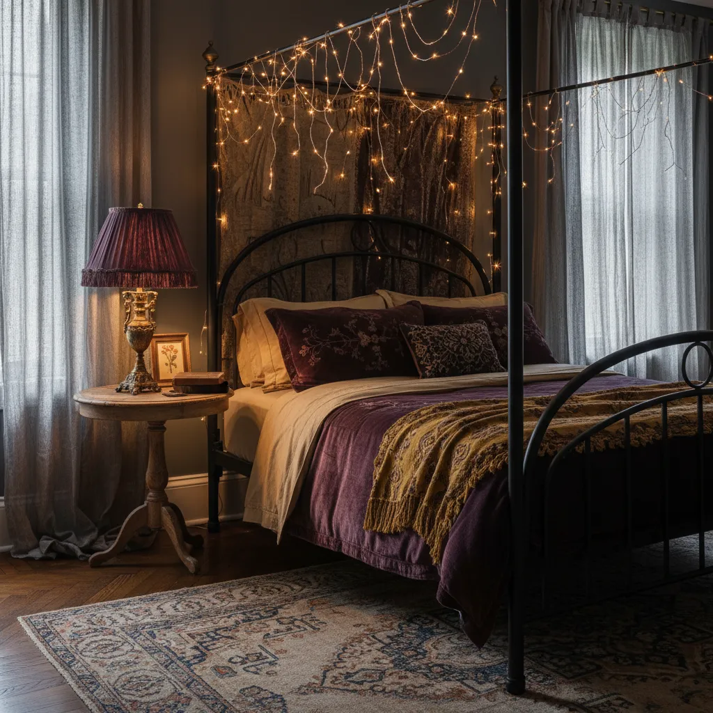 Moody Whimsigothic Bedroom Lighting Warm ambient glow from fairy lights and a vintage brass lamp in a whimsigoth bedroom