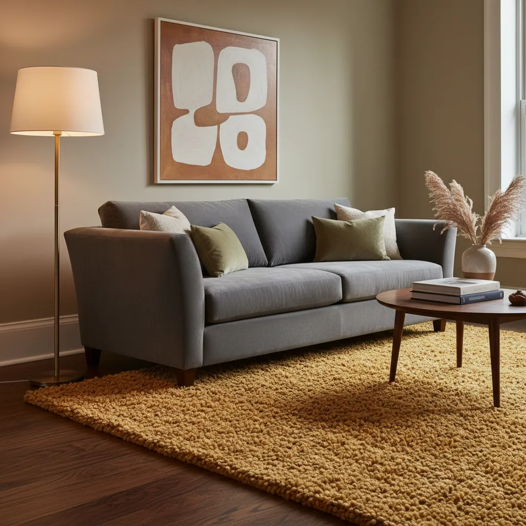 Mustard Rug with Gray Couch and Dark Wood A mustard yellow area rug placed under a gray sofa on dark hardwood floors