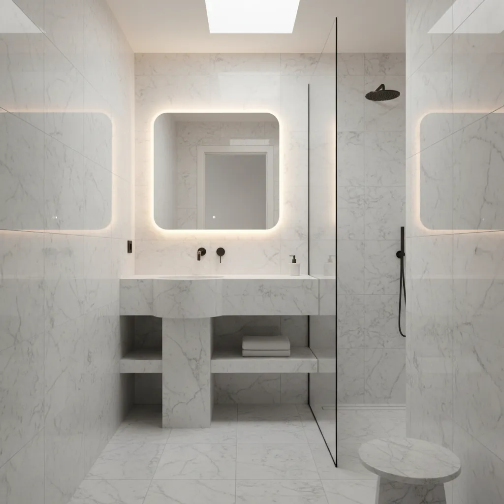 A luxurious narrow 2x3 Bloxburg minimalist bathroom featuring white marble textures and warm ambient lighting.