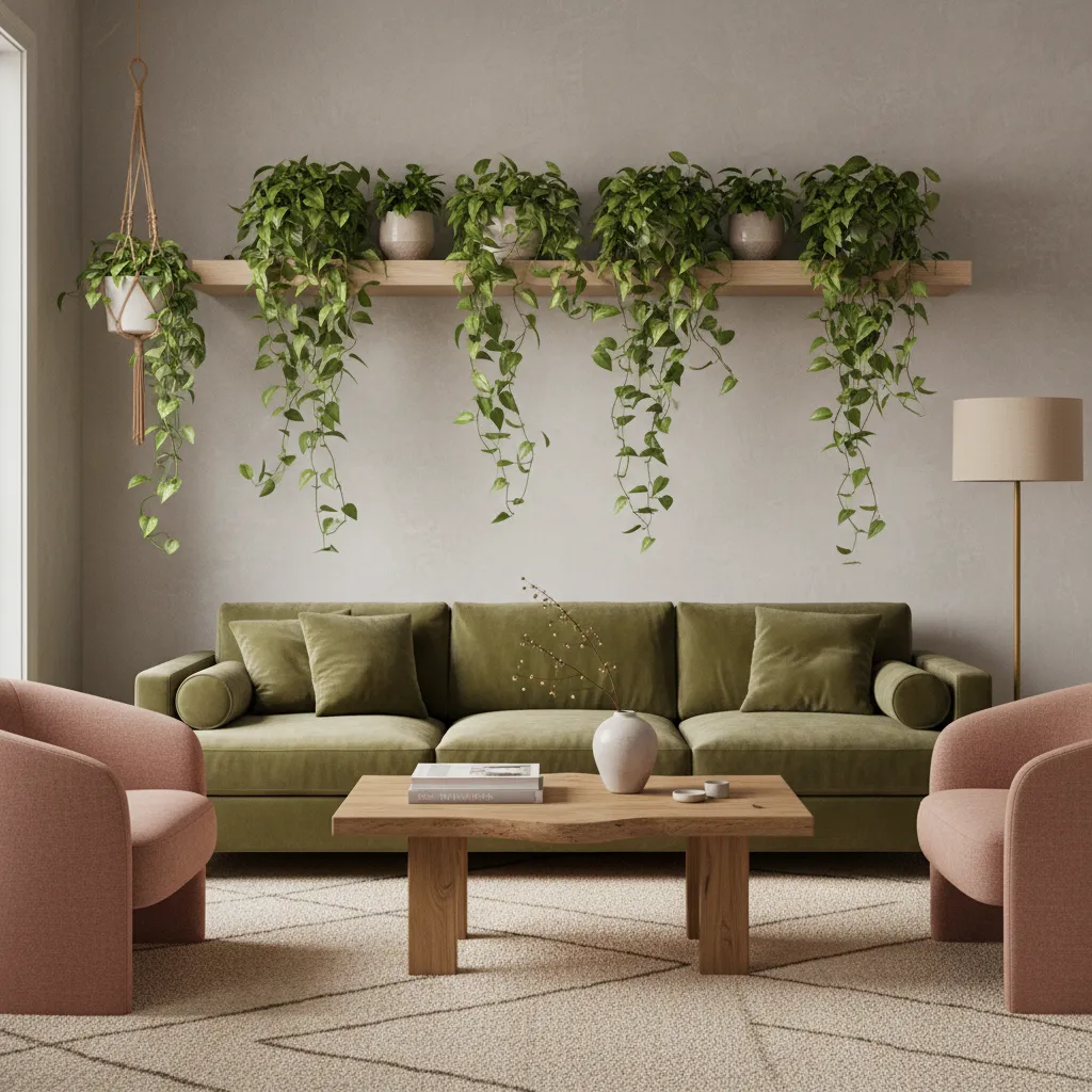Natural Wood And Plants In Olive Rose Room Olive green and dusty rose living room featuring natural wood furniture and trailing houseplants