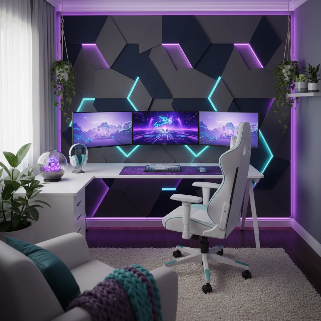Gamer bedroom wall with purple neon LED lighting behind geometric panels.