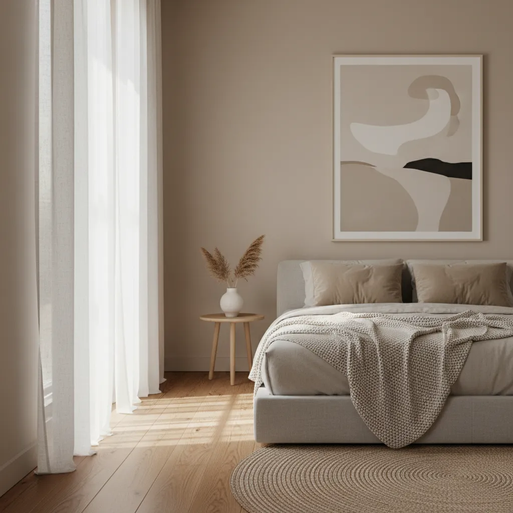 Neutral Minimalist Color Palette Bedroom corner showing neutral beige walls and white curtains