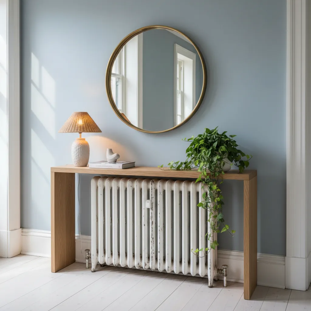 A light oak console table styled over a white radiator in a rental apartment entryway