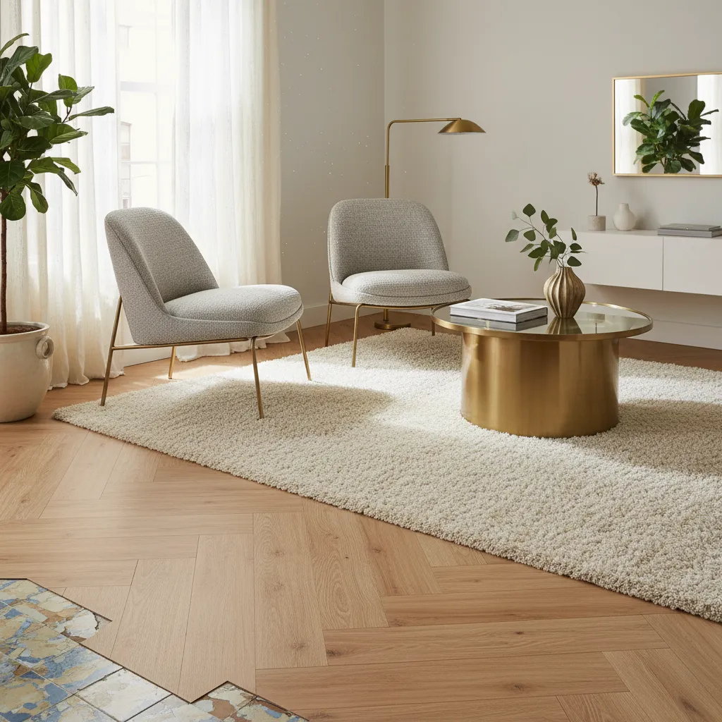 Warm oak peel and stick vinyl planks installed over old renter apartment tiles