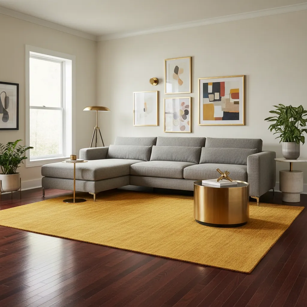 Ochre Rug and Dark Mahogany Flooring Spacious living room with dark wood floors and an earthy ochre rug