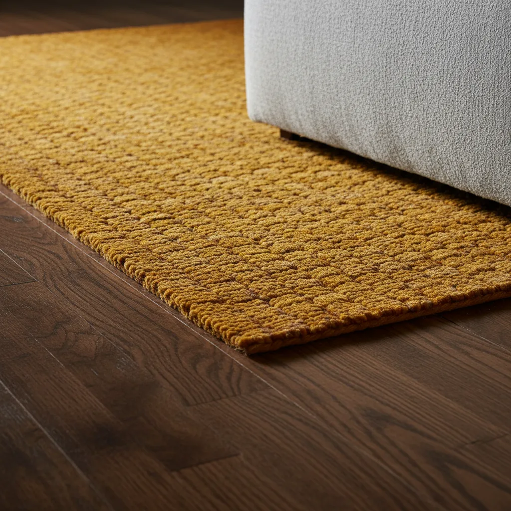 Ochre Rug Texture and Wood Grain Close up of ochre wool rug texture against dark wood flooring