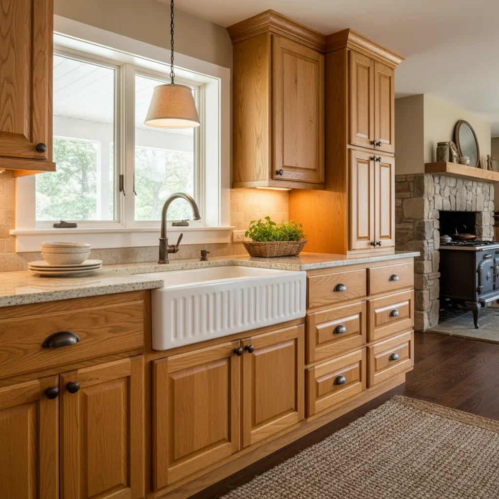 Oil Rubbed Bronze Hardware on Honey Oak Honey oak cabinets featuring traditional oil-rubbed bronze hardware in a cozy kitchen
