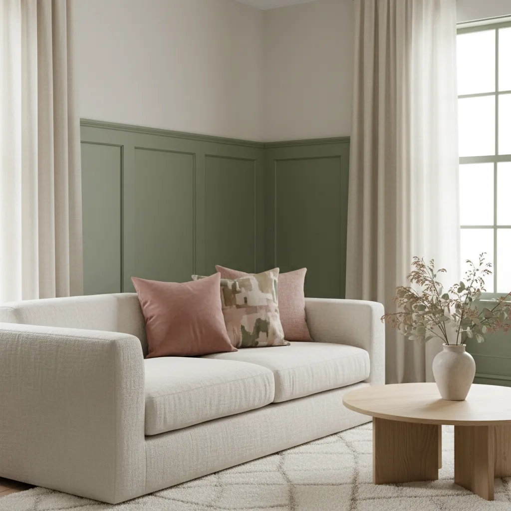 Olive Green Accent Wall Paint Olive green wainscoting in a bright living room with a cream sofa