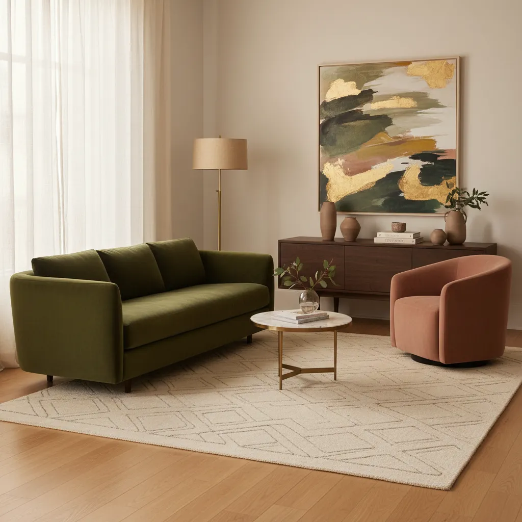 Olive Green Velvet Living Room Sofa Olive green velvet sofa paired with a dusty rose accent chair in a modern living room