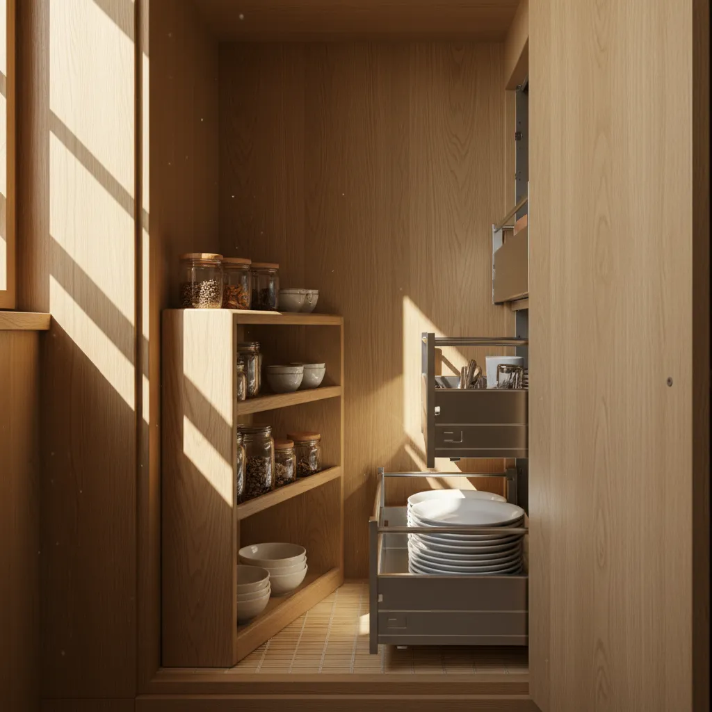 Optimized Kitchen Cabinet Storage Modern kitchen cabinet interior with pull-out drawers and shelf risers for vertical organization