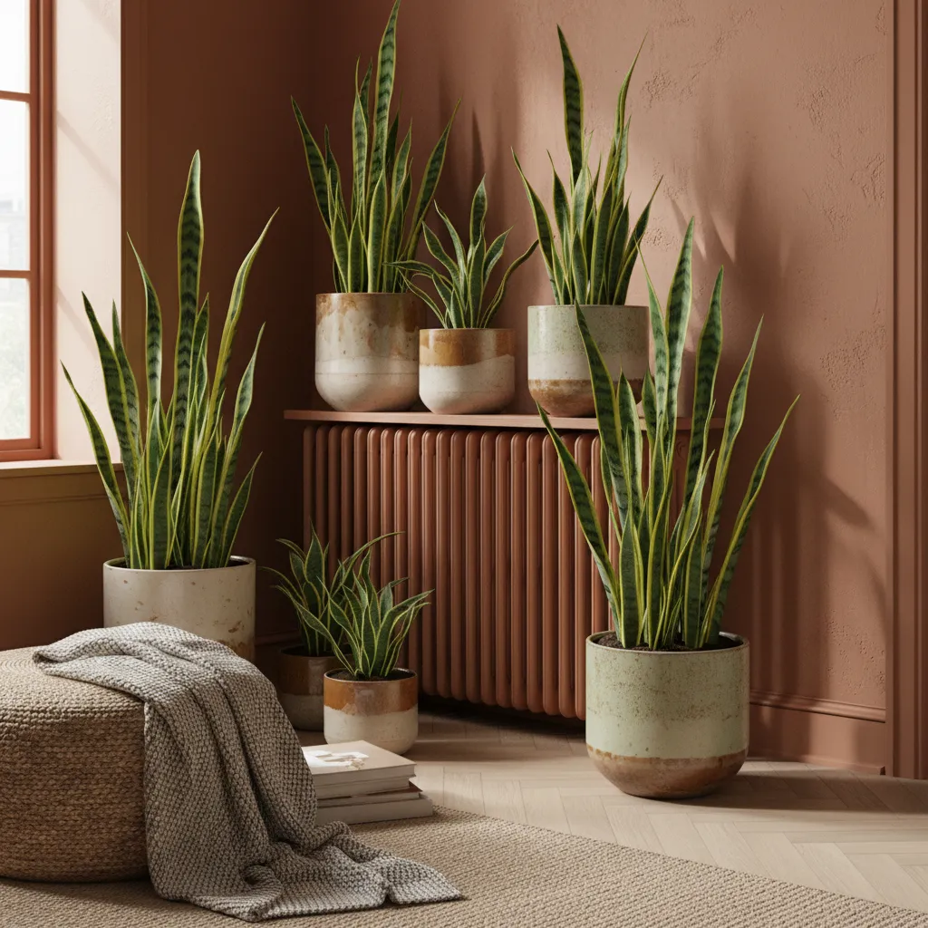 A rented living room corner featuring a painted radiator camouflaged against the wall and styled with large snake plants in ceramic pots