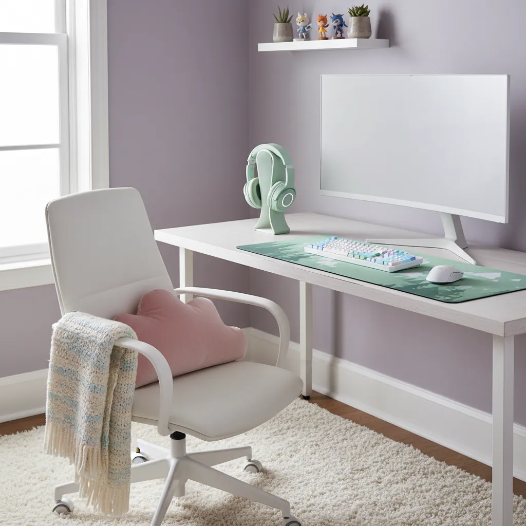 Ergonomic white chair and pastel green gaming headset stand