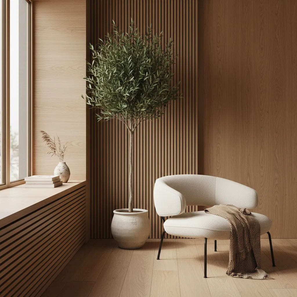 A beautiful living room vignette featuring a slatted wood radiator cover, an accent chair, and a potted plant