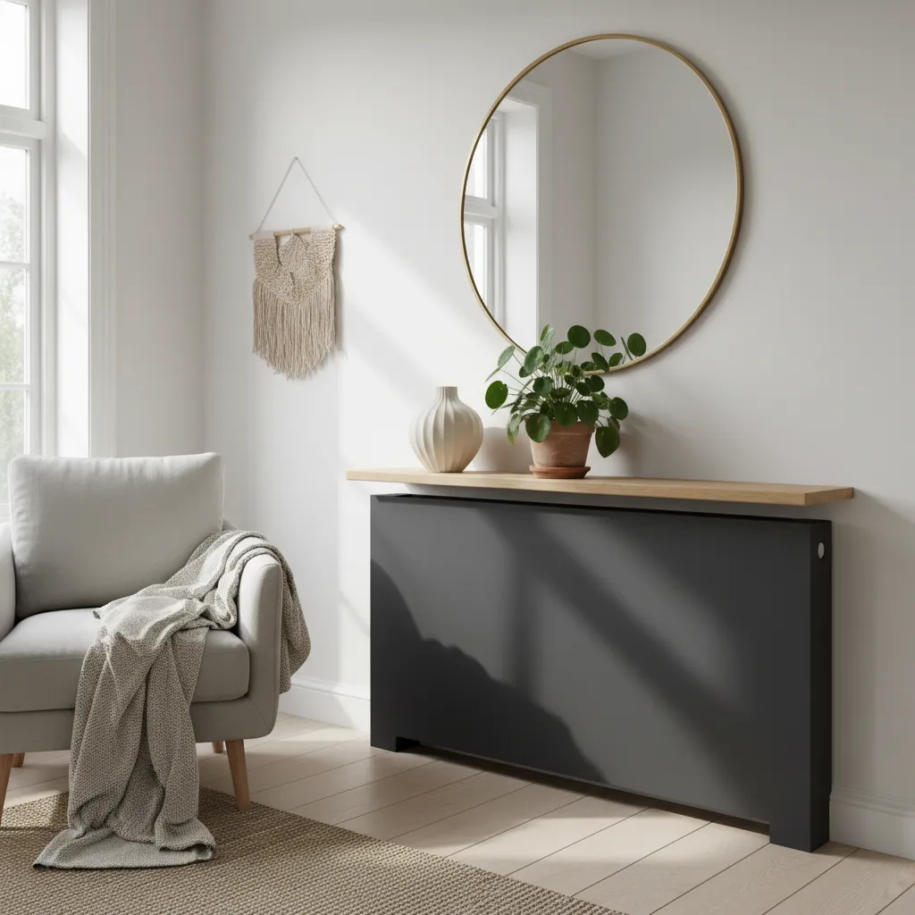 A sleek charcoal magnetic radiator wrap in a modern minimalist living room with wooden accents and indoor plants.