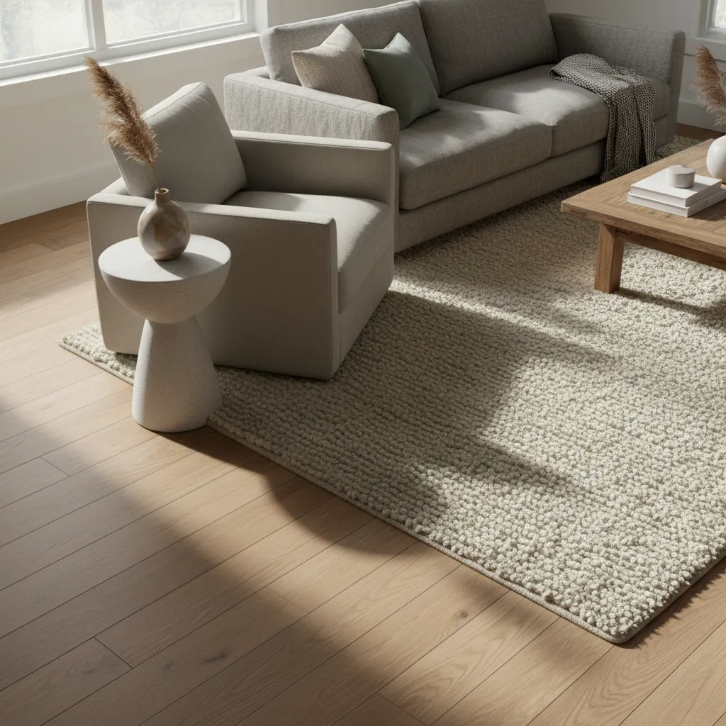 A sophisticated living room showcasing peel-and-stick wood-look vinyl and a layered area rug used to cover dated rental floor tiles.