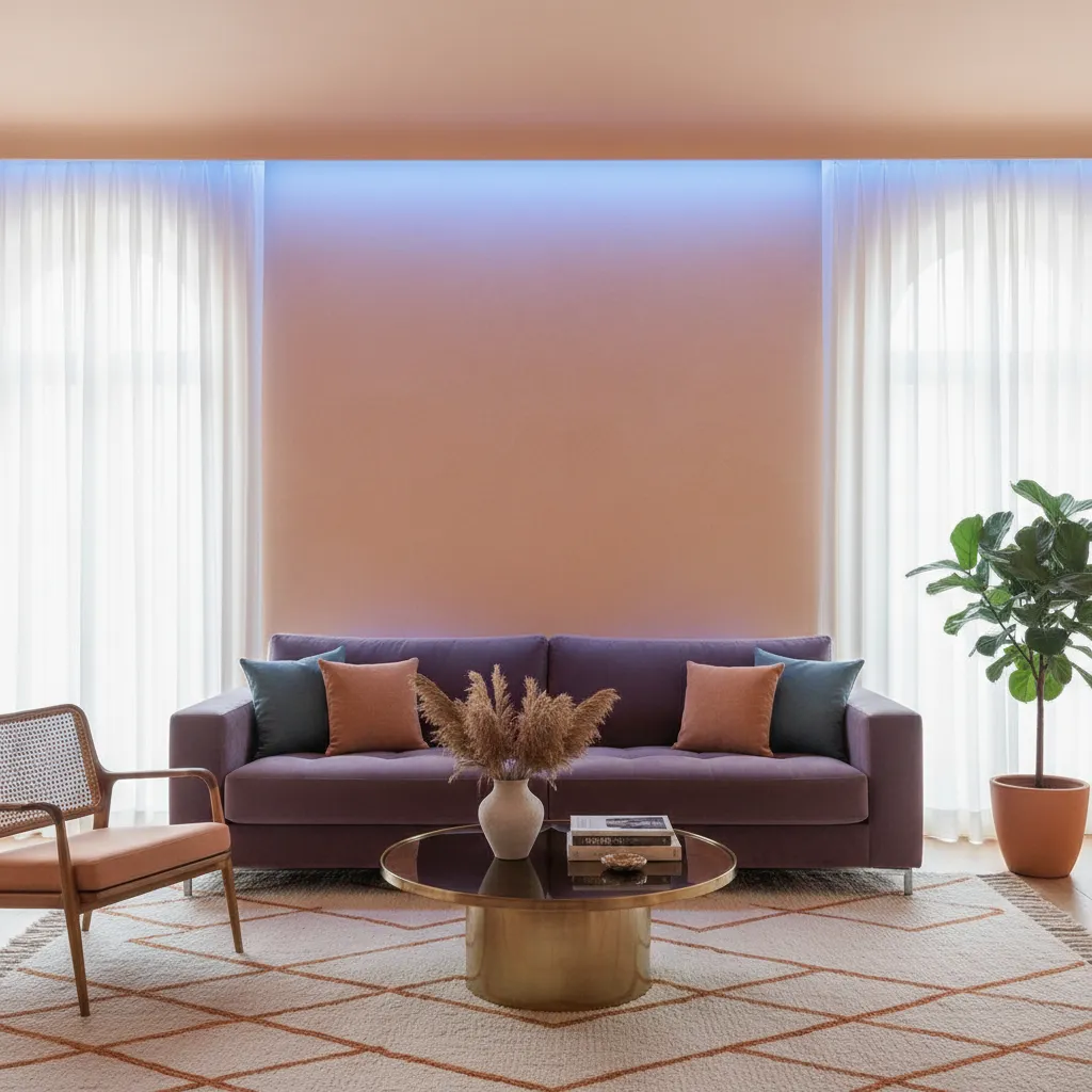 Apricot and lavender living room with cool LED lighting