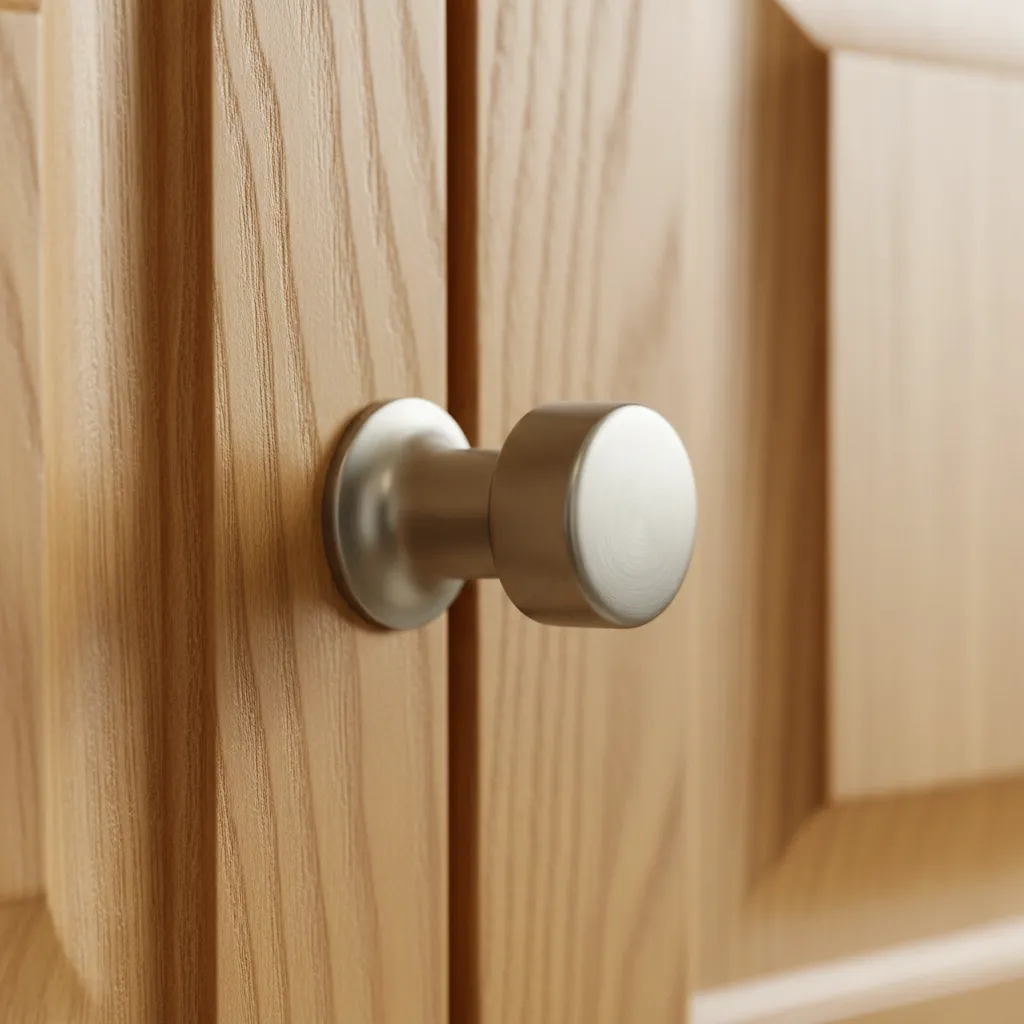 Satin Nickel Knob Undertones Close up of a satin nickel cabinet knob resting against a warm honey oak cabinet door, showing the soft metallic undertones.