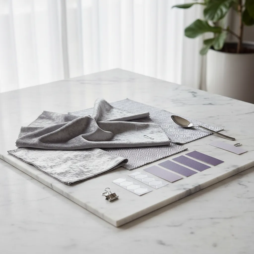 Color swatches and fabric samples in silver and lilac tones