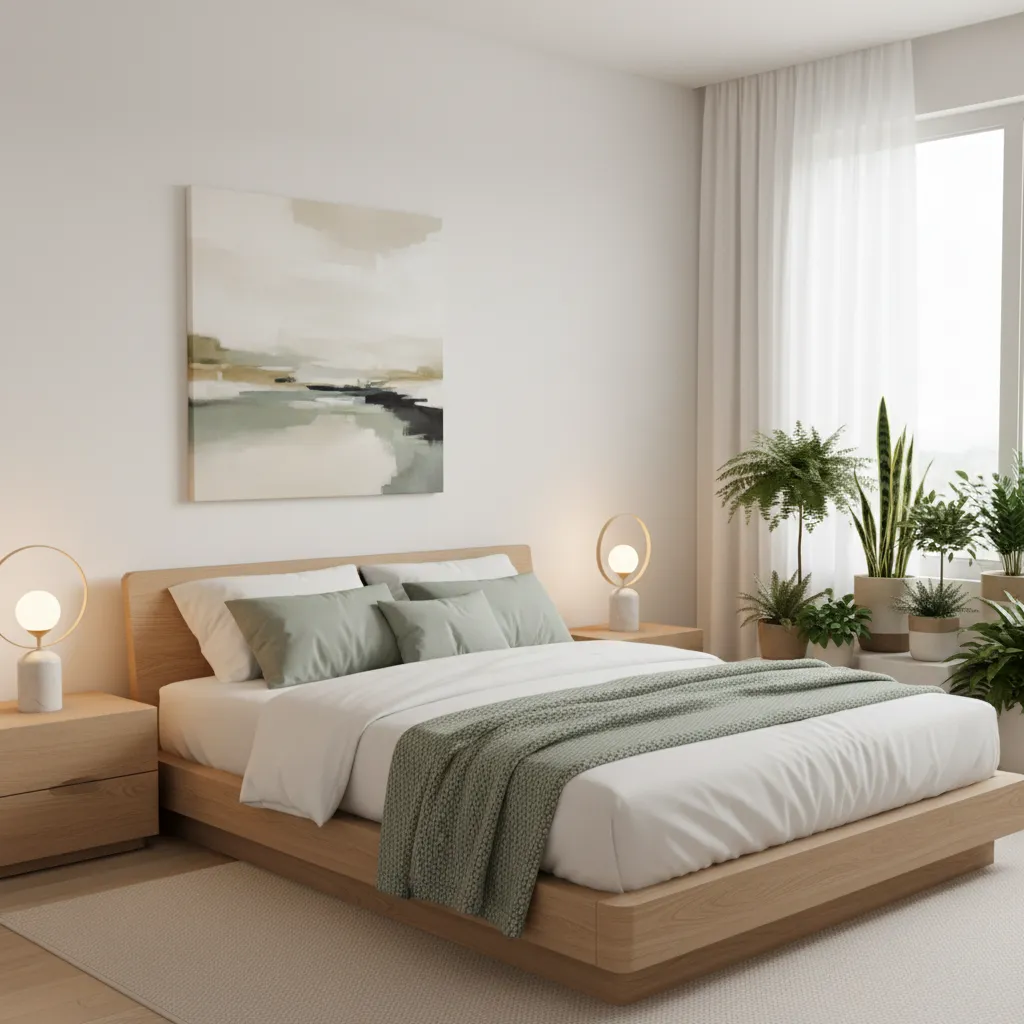 A minimalist and cozy Sims 4 base game aesthetic bedroom featuring a light wood bed, lush indoor plants, and neutral decor.