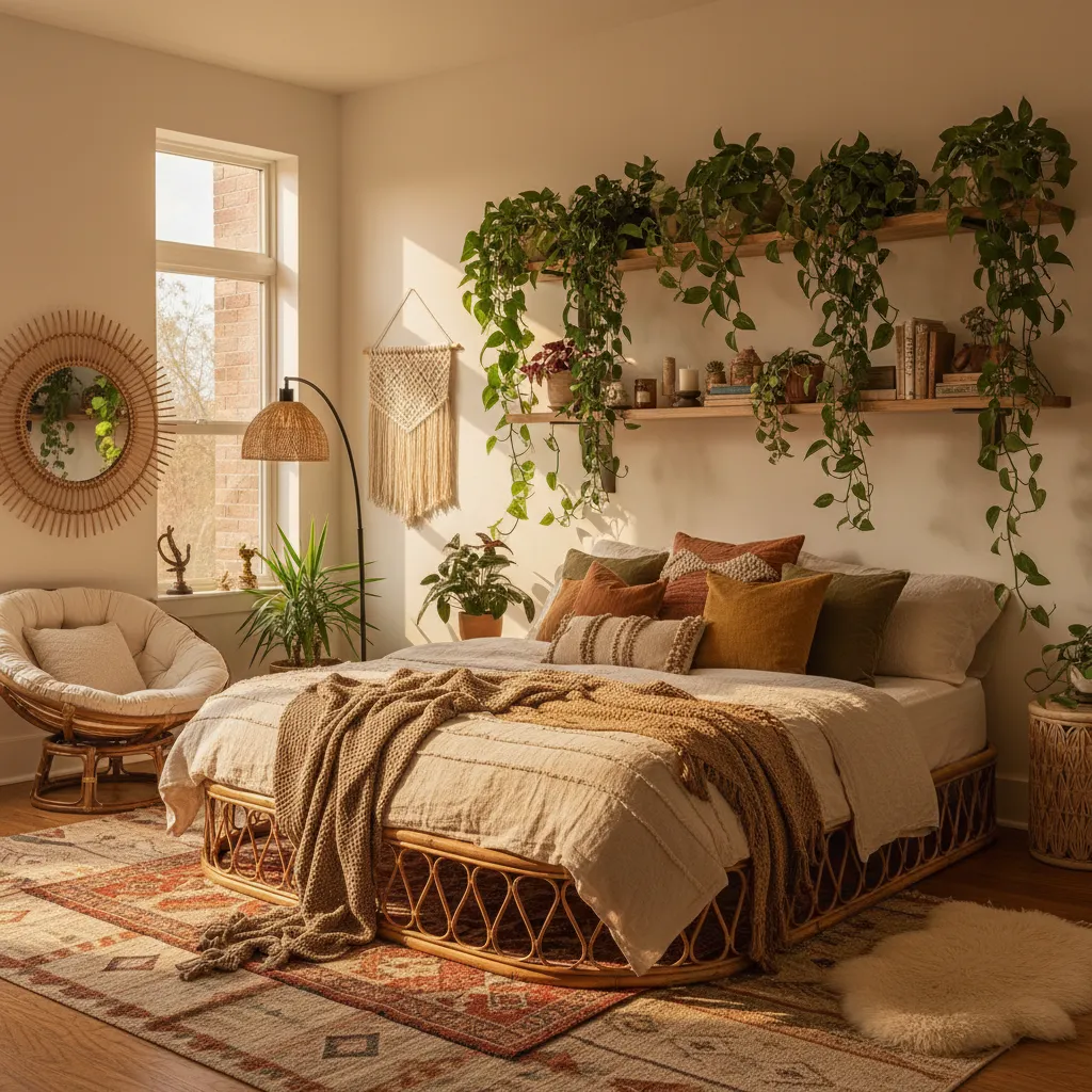 Sims 4 Base Game Boho Bedroom A cozy boho chic bedroom inspired by Sims 4 base game aesthetics featuring lush plants and rattan furniture