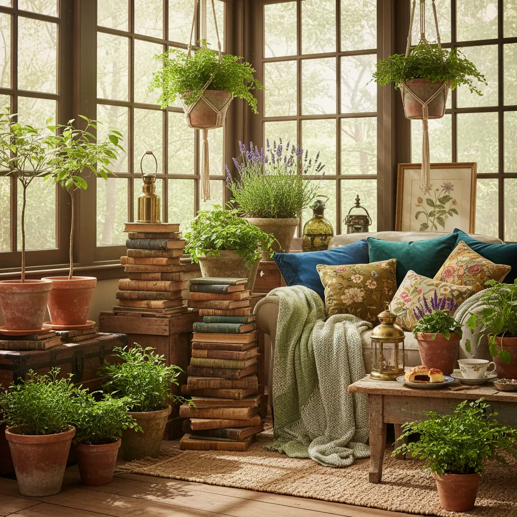 Lived-in sunroom corner with vintage decor and terracotta pots