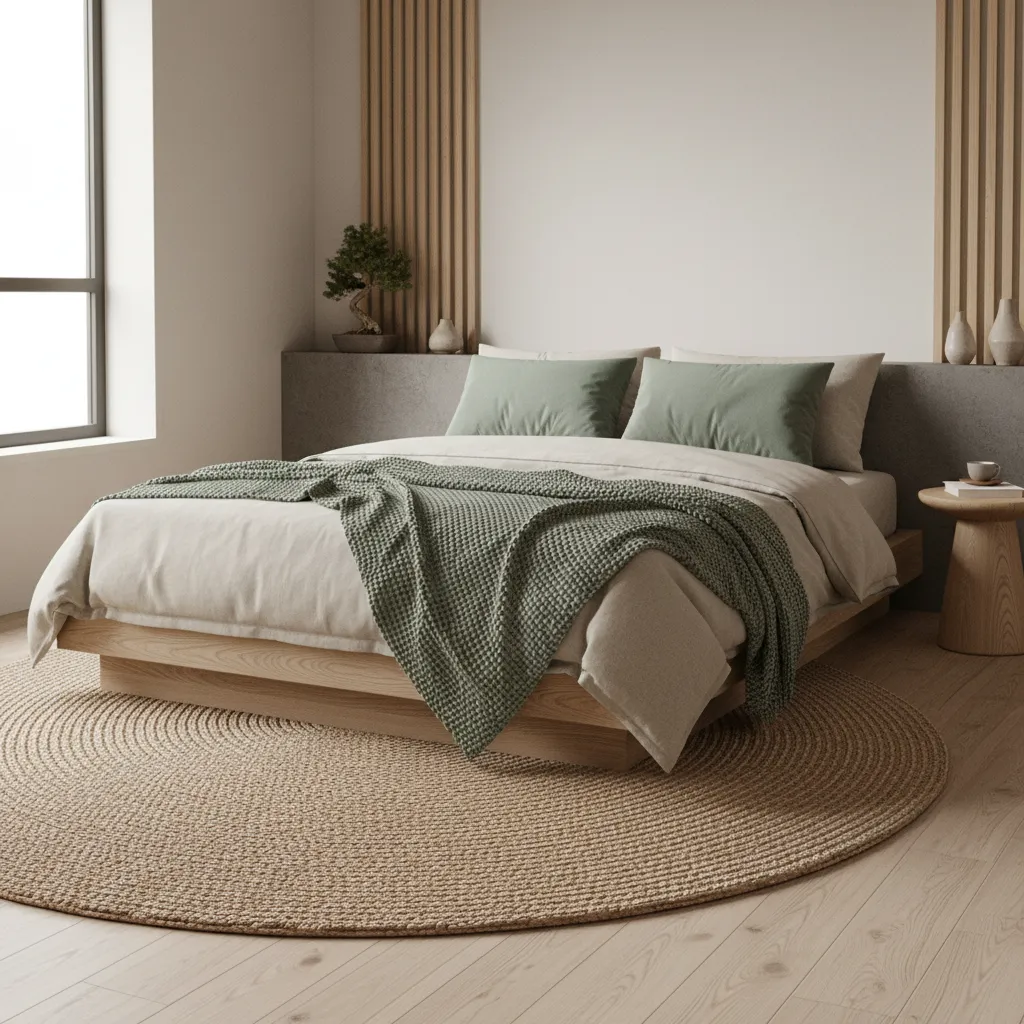 Digital bedroom with low platform bed and natural linen fabrics