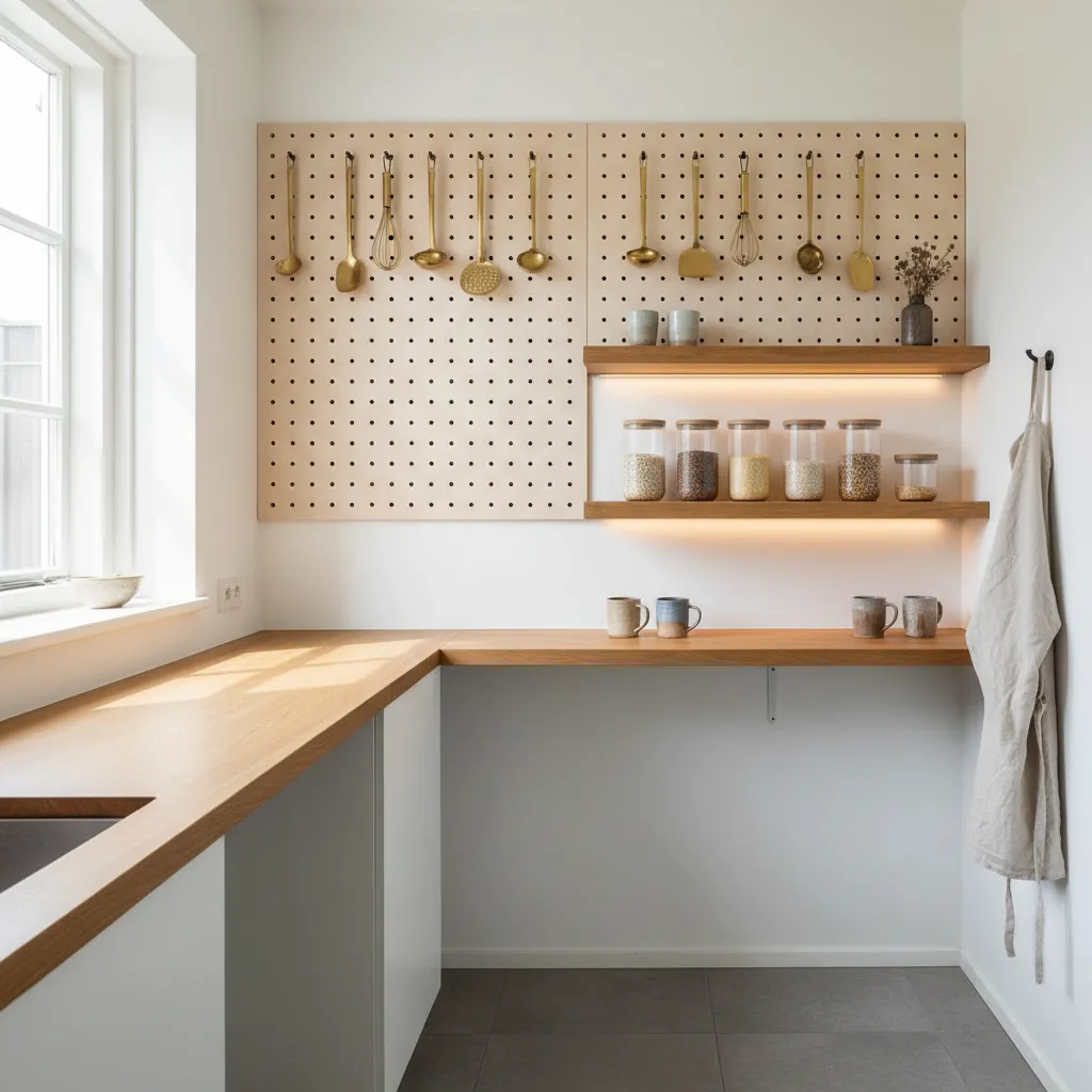 Small kitchen with oak counters and floating shelves showcasing how to organize a small kitchen without a pantry.