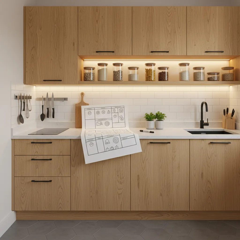 Small Kitchen Organizing Zones Modern small kitchen showing organized food zones with oak cabinets