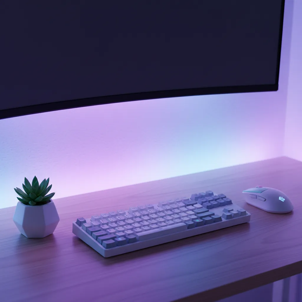 A close-up of a gaming desk with smart RGB lighting reflecting purple and blue hues.