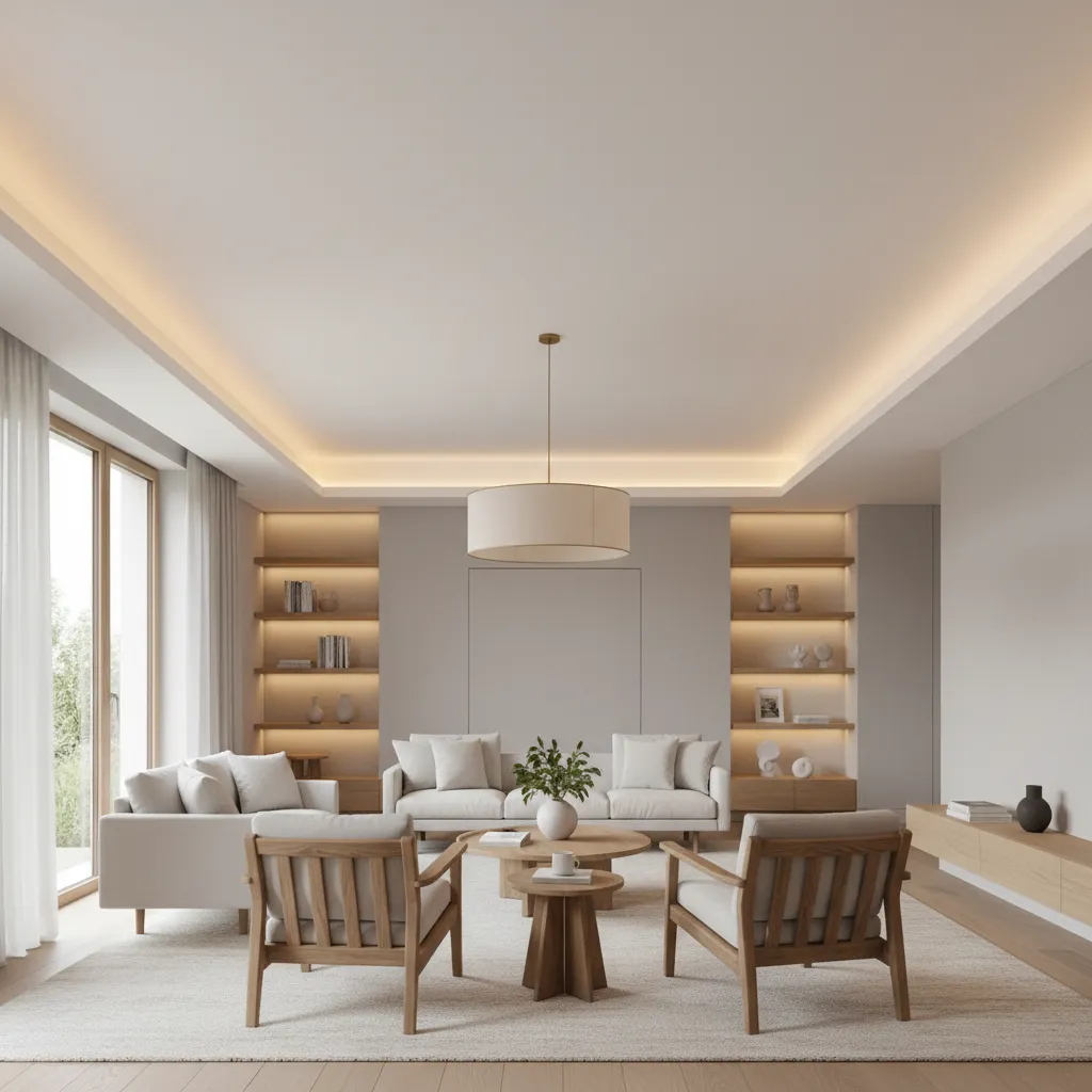 Smooth Lightweight Drywall Ceiling Over Popcorn A beautifully smooth drywall ceiling in a modern living room with warm ambient lighting