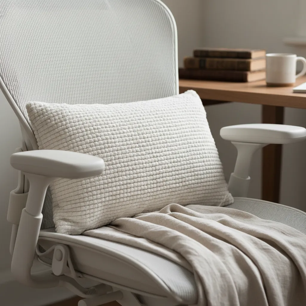 Softening an Ergonomic Office Chair Close up of a styled white mesh office chair with linen and boucle textures