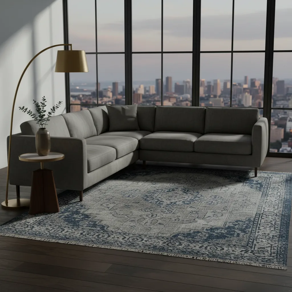 Spatial Balance with Navy Rug Gray Couch Navy vintage rug balancing a gray couch and dark floors