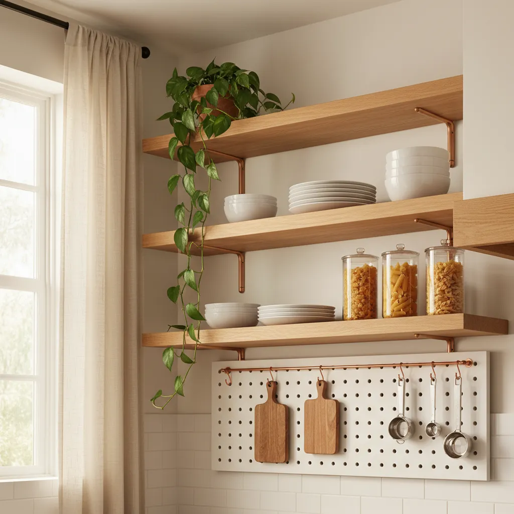 Styling Kitchen Floating Shelves Oak floating shelves with ceramic plates and trailing plant