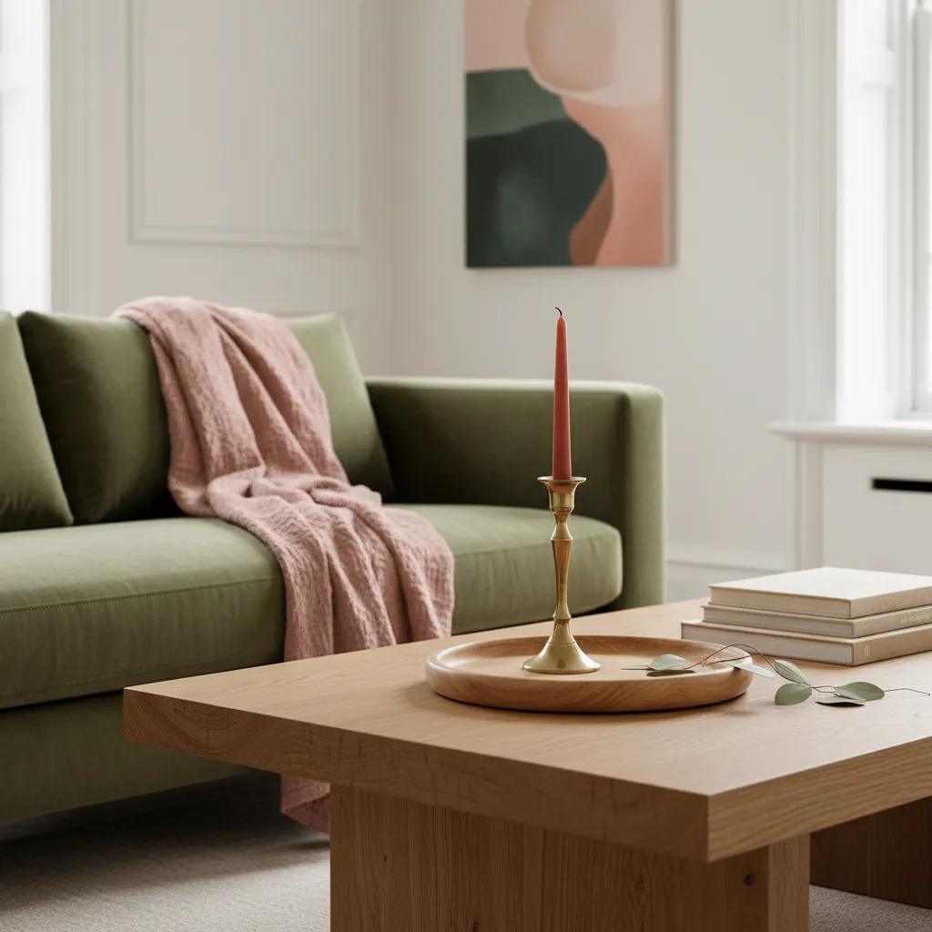 Styling Velvet With Linen And Wood Contrasting textures of linen, wood, and olive green velvet in a cozy living room